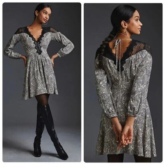 NWT By Anthropologie Lacy V-Neck Mini Dress US 6 White Black #G4402 - Picture 4 of 13